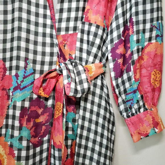❗SOLD❗Farm Rio | Gingham Floral Long Sleeve Collared Wrap Dress - Picture 10 of 16